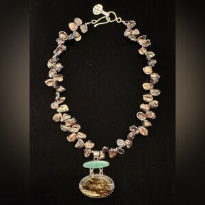 NWOT Freshwater Pearl Necklace with Jasper & Turquoise Pendant